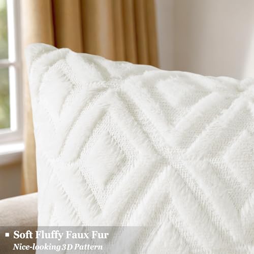 Pallene Christmas Cream White Throw Pillow Covers 18x18 Set of 2, Soft Plush Faux Fur Decorative Couch Pillow Covers for Sofa Bed Living Room Pillow Cases with 3D Diamond Pattern - Image 2
