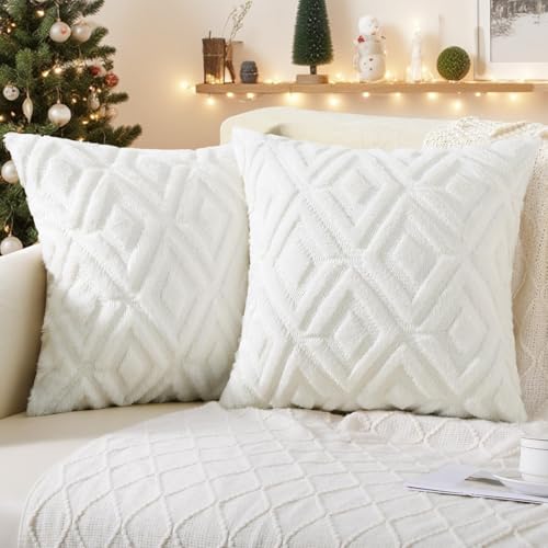 Pallene Christmas Cream White Throw Pillow Covers 18x18 Set of 2, Soft Plush Faux Fur Decorative Couch Pillow Covers for Sofa Bed Living Room Pillow Cases with 3D Diamond Pattern - Image 1