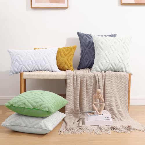 Pallene Christmas Cream White Throw Pillow Covers 18x18 Set of 2, Soft Plush Faux Fur Decorative Couch Pillow Covers for Sofa Bed Living Room Pillow Cases with 3D Diamond Pattern - Image 5