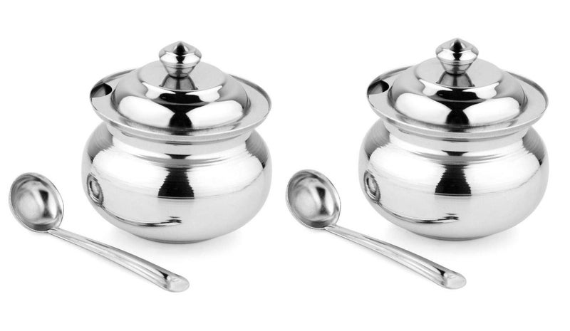 KC Stainless Steel Multipurpose Ghee Pot, Pickle Container - 300 ml with Spoon Set of 2 (Silver) - Image 2