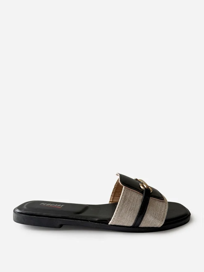 Take Two Buckle Detail Slip-On Comfort Flat Sandals By Pedcare