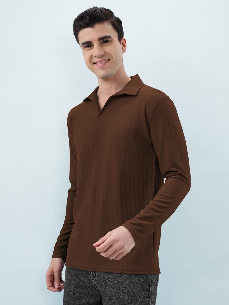 KAJARU Men's Ribbed Knit Polo T-Shirt, Long Sleeve (in, Alpha, 2XL, Coffee) - Image 5