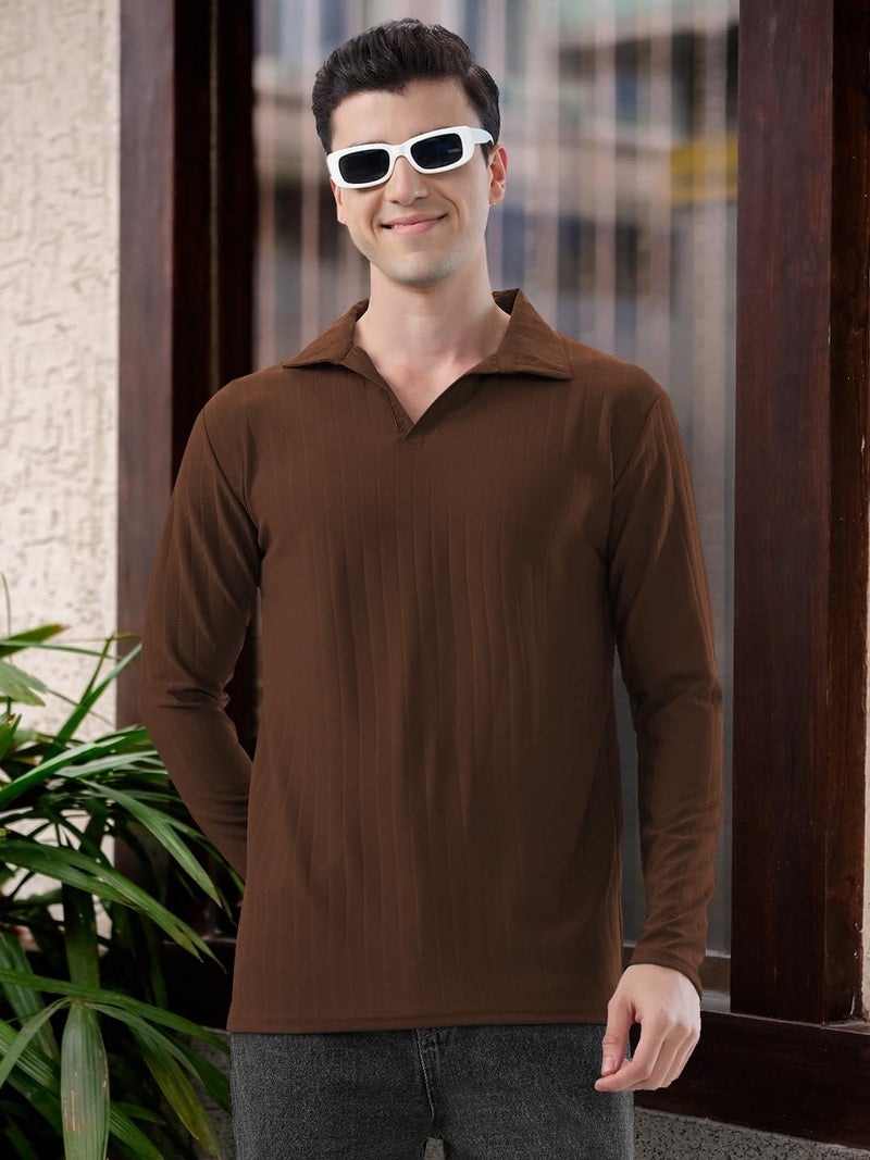 KAJARU Men's Ribbed Knit Polo T-Shirt, Long Sleeve (in, Alpha, 2XL, Coffee) - Image 2