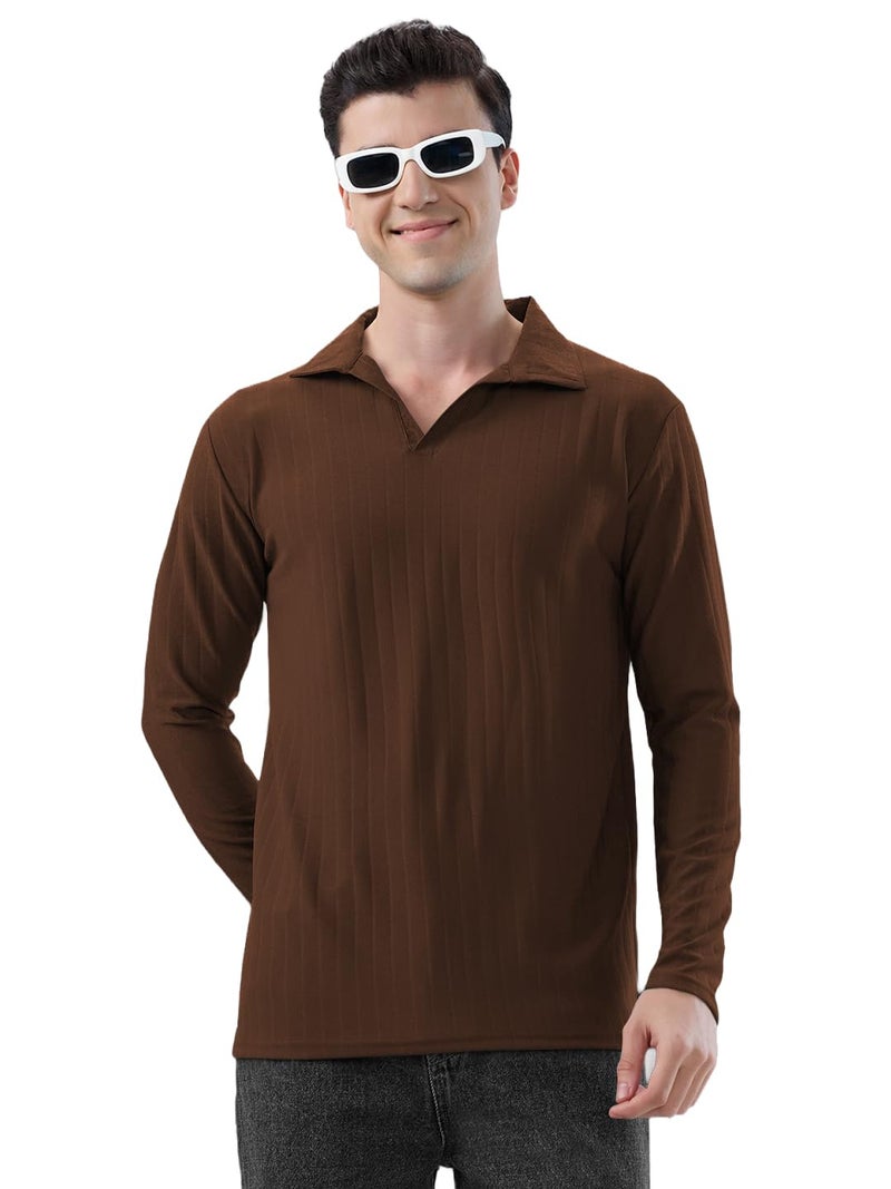 KAJARU Men's Ribbed Knit Polo T-Shirt, Long Sleeve (in, Alpha, 2XL, Coffee) - Image 1
