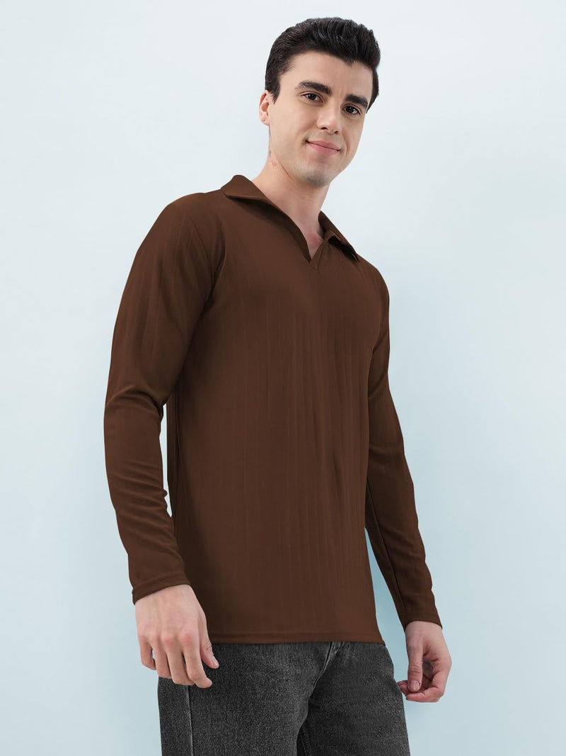 KAJARU Men's Ribbed Knit Polo T-Shirt, Long Sleeve (in, Alpha, 2XL, Coffee) - Image 4