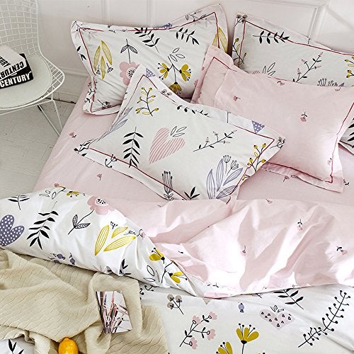 BuLuTu Floral Love Print Girls Duvet Cover Full White/Pink Cotton Premium Blossom Kawaii Reversible Kids Bedroom Comforter Cover Queen Duvet Cover for Toddler,Teen,Lightweight,Zipper Closure - Image 5