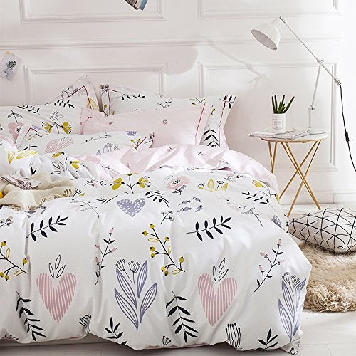 BuLuTu Floral Love Print Girls Duvet Cover Full White/Pink Cotton Premium Blossom Kawaii Reversible Kids Bedroom Comforter Cover Queen Duvet Cover for Toddler,Teen,Lightweight,Zipper Closure - Image 2