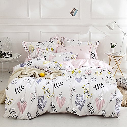 BuLuTu Floral Love Print Girls Duvet Cover Full White/Pink Cotton Premium Blossom Kawaii Reversible Kids Bedroom Comforter Cover Queen Duvet Cover for Toddler,Teen,Lightweight,Zipper Closure - Image 3