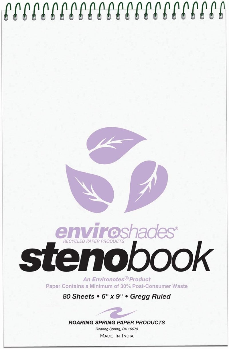 Roaring Spring Enviroshades Colored Steno Books, 4 Pack of Memo Pads, Recycled Orchid Paper, 6" x 9", 80 Sheets, Gregg Ruled, Perforated, Wirebound, Heavy Chipboard Back - Image 1