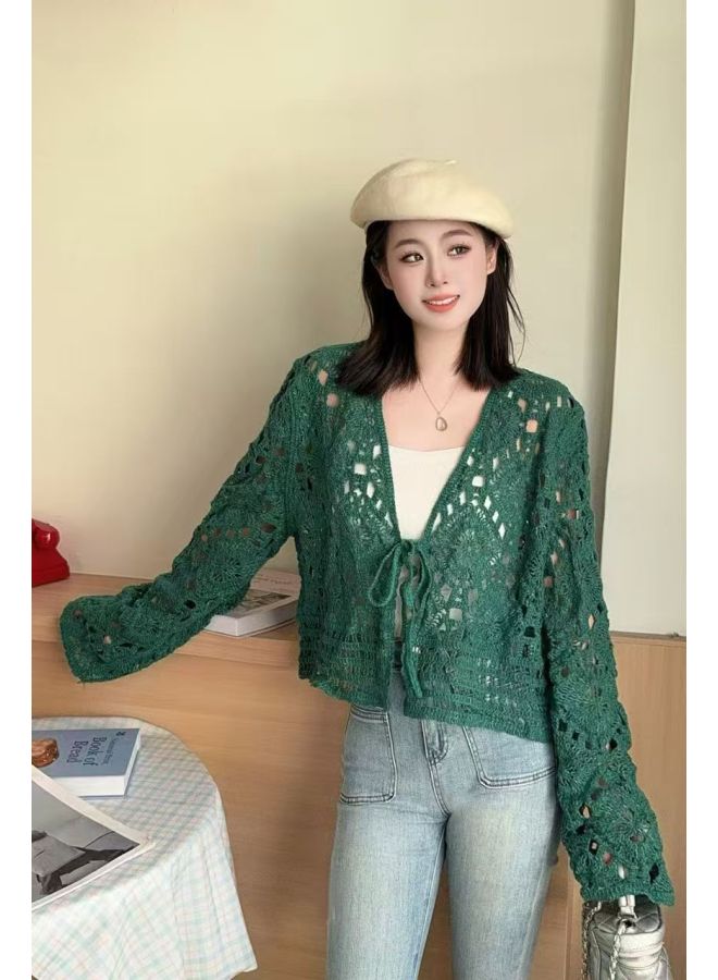 Green Women's French Resort Style Hollow Crochet Knitted Cardigan, Loose Long Sleeve Niche Top