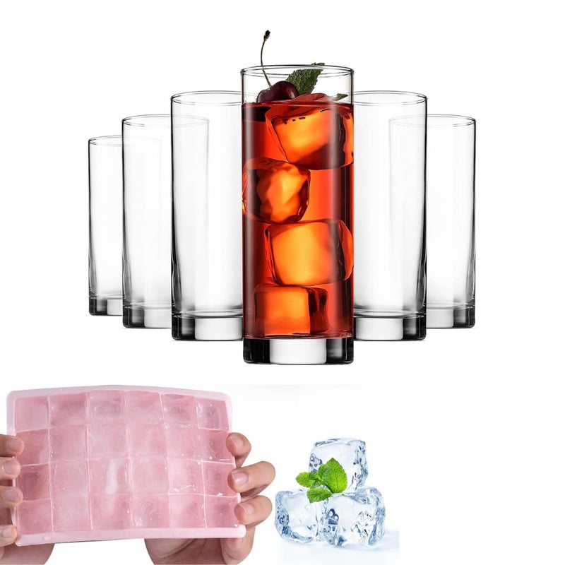 kaqer 280 ml LeadFree Crystal Drinking Glasses Highball Stylish Glasses 6Pc with Silicon Ice Cube Mold Trays 1Pc Pack of 7 - Image 1