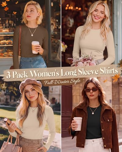 Riyiper 3 Pack Womens Long Sleeve Shirts Cotton Blend Crew Neck Slim Fit Tops Basic Layering Soft Casual Everyday UndershirtApricot Coffee BlackMedium - Image 3