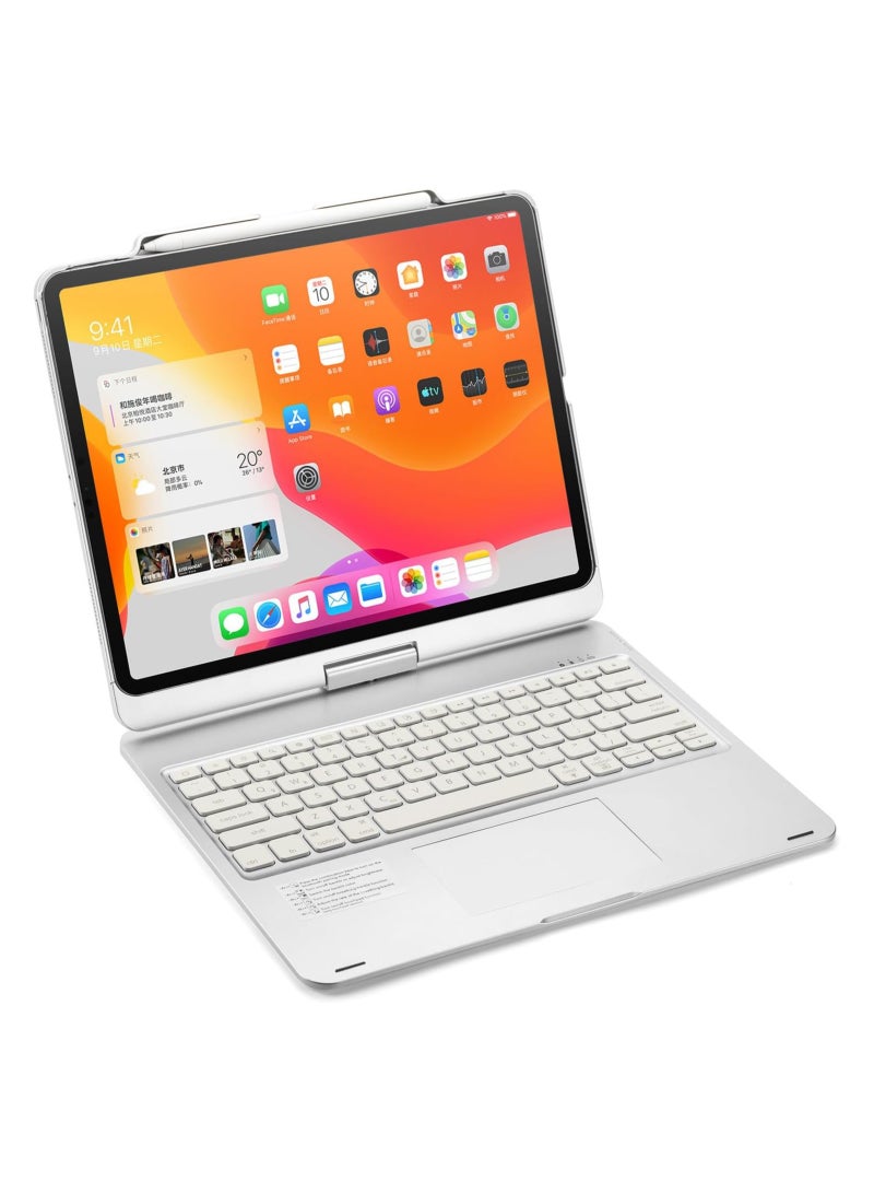 غطاء لوحة مفاتيح ذكية بنوع دوار ولاسلكي بلوتوث متوافق مع iPad Air حجم 13 بوصة 2024 (رقم الموديل: A2903 A2904) مع مفتاح تتبع ولوحة مفاتيح منقوشة باللونين الأحمر والأزرق لجهاز iPad Air 13 بإصدار M2. - Image 1