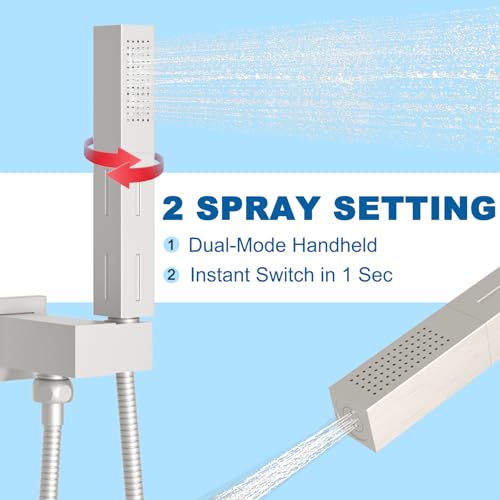 Drettyer 2 Settings Models Handheld Shower Head Sprayer High-Pressure with 59" Long Flexible Hose, Square 2 in1 Solid Brass Adjustable Shower Wand Replacement Kit, Brushed Nickel - Image 2