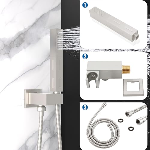 Drettyer 2 Settings Models Handheld Shower Head Sprayer High-Pressure with 59" Long Flexible Hose, Square 2 in1 Solid Brass Adjustable Shower Wand Replacement Kit, Brushed Nickel - Image 5
