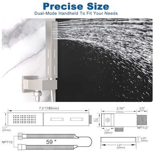 Drettyer 2 Settings Models Handheld Shower Head Sprayer High-Pressure with 59" Long Flexible Hose, Square 2 in1 Solid Brass Adjustable Shower Wand Replacement Kit, Brushed Nickel - Image 3