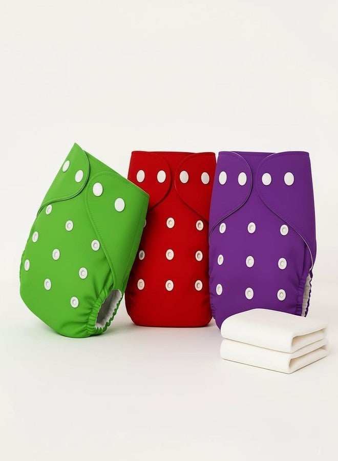 PENTOO Baby Cloth Diapers 0 to 3 Years | Side Leakage Proof Washable Reusable Diaper For New Born Baby Freesize Adjustable, Assorted 3(Pack of 3- Inserts Included) (Green-Red-Purple) - Image 1