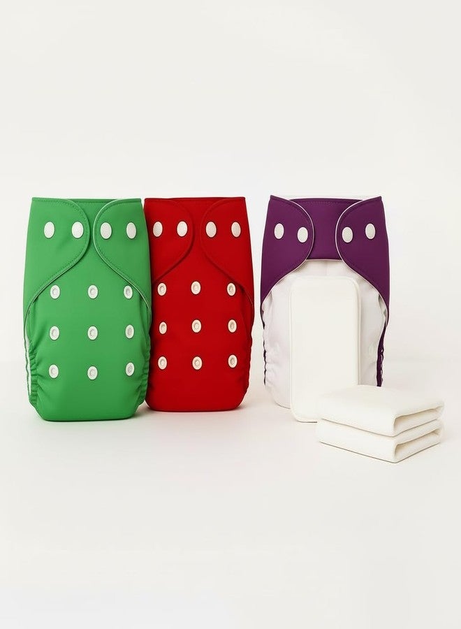 PENTOO Baby Cloth Diapers 0 to 3 Years | Side Leakage Proof Washable Reusable Diaper For New Born Baby Freesize Adjustable, Assorted 3(Pack of 3- Inserts Included) (Green-Red-Purple) - Image 2