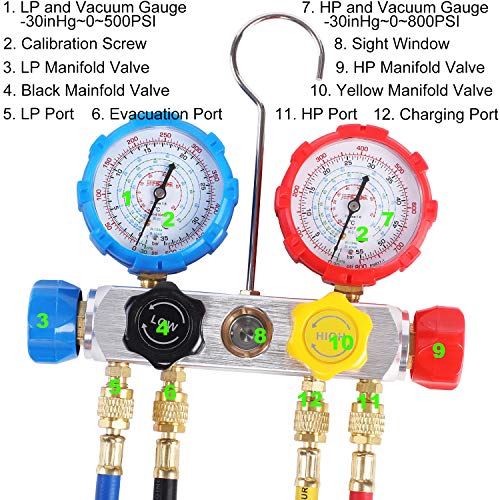 JIFETOR 4 Way AC Manifold Gauge Set, HVAC Diagnostic Refrigerant Charging Tool for Auto Household R404A R134A R410A, with 5FT Hose, Adjustable Quick Coupler, Adjustable Can Tap, Tank Adapters - Image 5