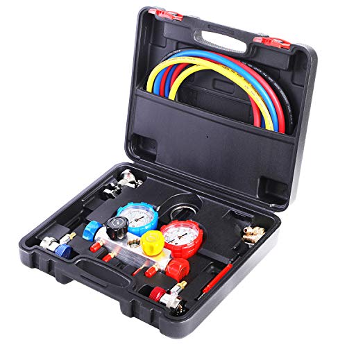 JIFETOR 4 Way AC Manifold Gauge Set, HVAC Diagnostic Refrigerant Charging Tool for Auto Household R404A R134A R410A, with 5FT Hose, Adjustable Quick Coupler, Adjustable Can Tap, Tank Adapters - Image 1