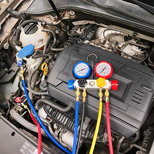 JIFETOR 4 Way AC Manifold Gauge Set, HVAC Diagnostic Refrigerant Charging Tool for Auto Household R404A R134A R410A, with 5FT Hose, Adjustable Quick Coupler, Adjustable Can Tap, Tank Adapters - Image 2