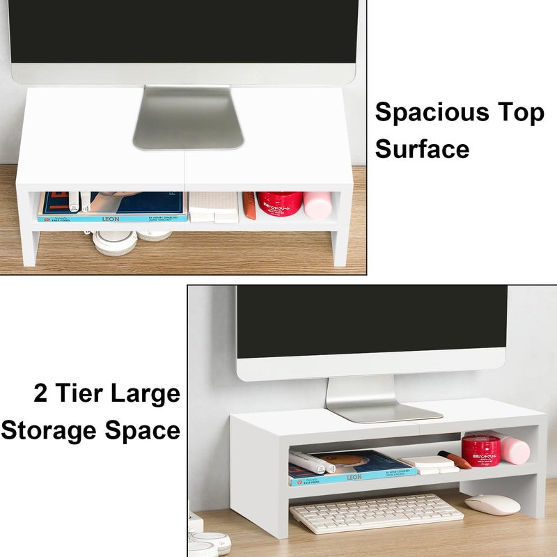 TEAMIX 2 Tier White Monitor Riser Stand, Wood Desktop Stand with storage for Laptop/PC/Printer/Keyboard, TV Stand Shelf Home Office Desk Accessories - Image 3