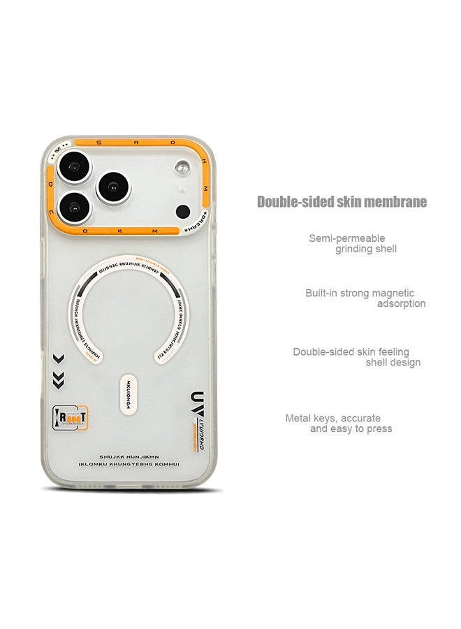 جراب هاتف iPhone 17 Pro Max، جراب هاتف بتغطية كاملة، جراب هاتف مغناطيسي غير لامع بملمس الجلد، يؤخر الاصفرار، مقاوم للتآكل، مقاوم للخدش، جراب هاتف مضاد لبصمات الأصابع، رفيع للغاية وحافة عالية (أبيض مع إطار معدني برتقالي) - Image 2