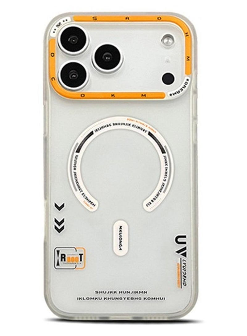 جراب هاتف iPhone 17 Pro Max، جراب هاتف بتغطية كاملة، جراب هاتف مغناطيسي غير لامع بملمس الجلد، يؤخر الاصفرار، مقاوم للتآكل، مقاوم للخدش، جراب هاتف مضاد لبصمات الأصابع، رفيع للغاية وحافة عالية (أبيض مع إطار معدني برتقالي) - Image 1