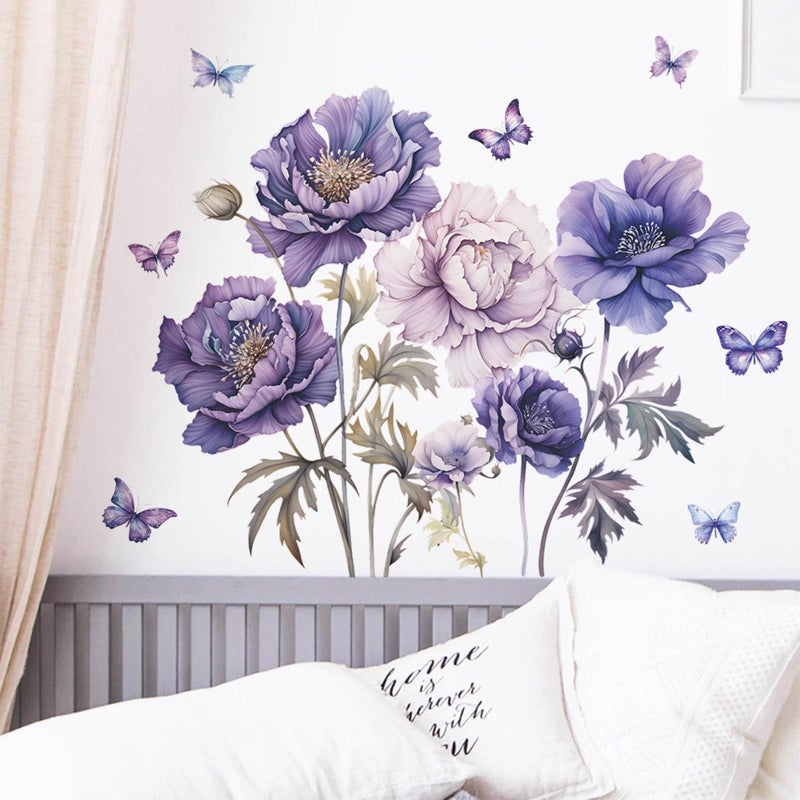 TUOKING Purple Flowers Wall Stickers Removable Butterfly Wall Murals Peel and Stick Wall Art Decal Home Decor for Kitchen,Bedroom,Living Room(fun-c16) - Image 5