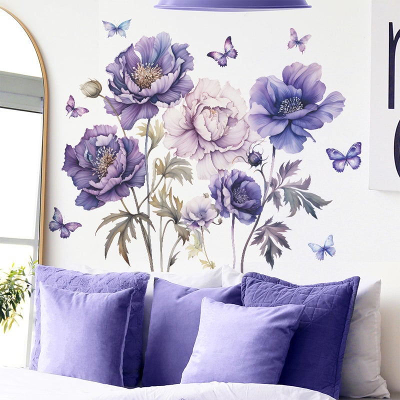 TUOKING Purple Flowers Wall Stickers Removable Butterfly Wall Murals Peel and Stick Wall Art Decal Home Decor for Kitchen,Bedroom,Living Room(fun-c16) - Image 1