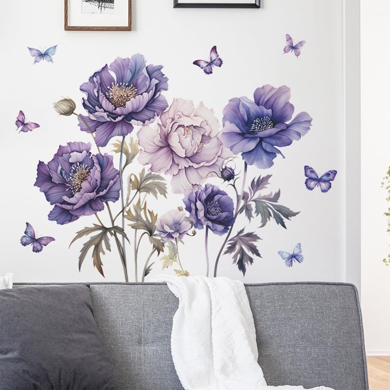 TUOKING Purple Flowers Wall Stickers Removable Butterfly Wall Murals Peel and Stick Wall Art Decal Home Decor for Kitchen,Bedroom,Living Room(fun-c16) - Image 3
