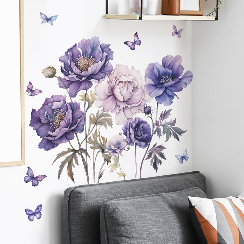 TUOKING Purple Flowers Wall Stickers Removable Butterfly Wall Murals Peel and Stick Wall Art Decal Home Decor for Kitchen,Bedroom,Living Room(fun-c16) - Image 4