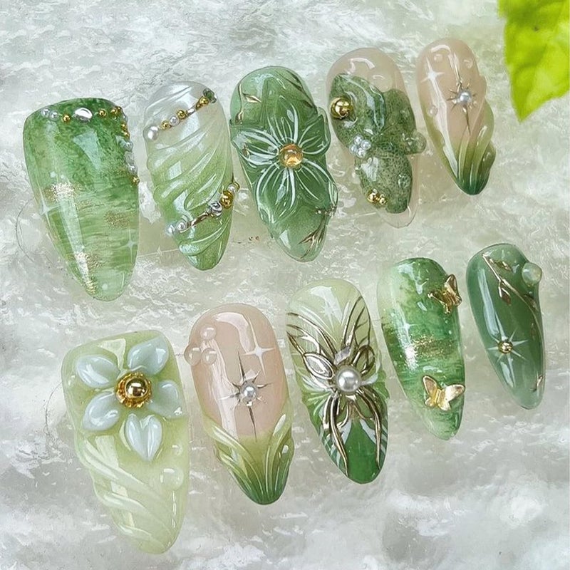 FDSQHSA 30pcs Green Press on Nails Medium Almond Fake Nails With 3D Flower Pearl Rhinestone Design Gold Beads Butterfly False Nails Star Glue on Nails 3D Summer Floral Full Cover Stick on Nails for Women - Image 1