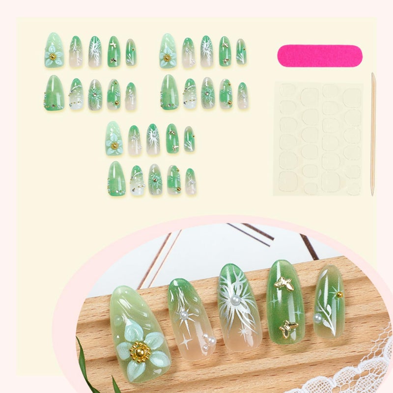 FDSQHSA 30pcs Green Press on Nails Medium Almond Fake Nails With 3D Flower Pearl Rhinestone Design Gold Beads Butterfly False Nails Star Glue on Nails 3D Summer Floral Full Cover Stick on Nails for Women - Image 3