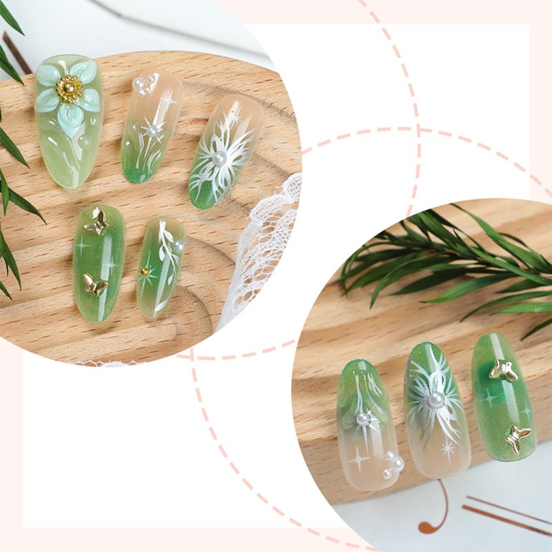 FDSQHSA 30pcs Green Press on Nails Medium Almond Fake Nails With 3D Flower Pearl Rhinestone Design Gold Beads Butterfly False Nails Star Glue on Nails 3D Summer Floral Full Cover Stick on Nails for Women - Image 2
