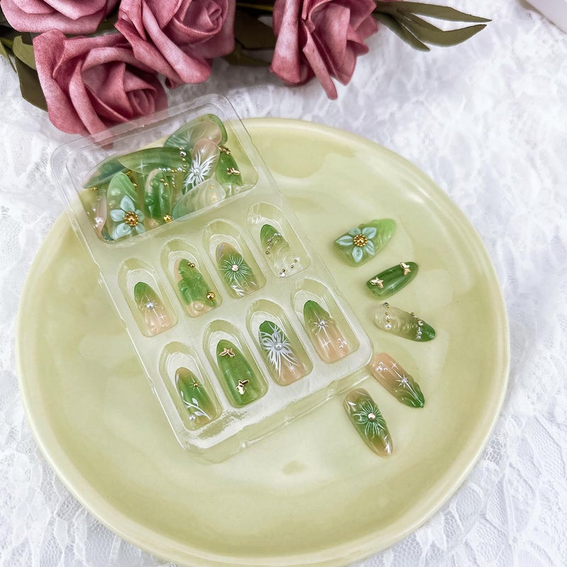 FDSQHSA 30pcs Green Press on Nails Medium Almond Fake Nails With 3D Flower Pearl Rhinestone Design Gold Beads Butterfly False Nails Star Glue on Nails 3D Summer Floral Full Cover Stick on Nails for Women - Image 5