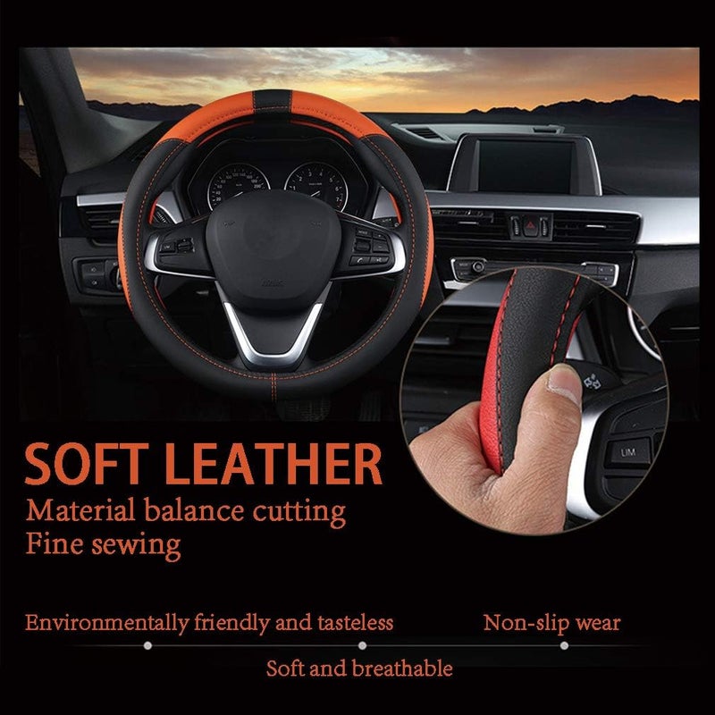 Coofig Durable PU Leather Steering Wheel Cover, Universal 15 Inch, Breathable and Non-Slip Car Steering Wheel Cover, Steering Wheel Cover for Men and Women (Black Orange) - Image 2