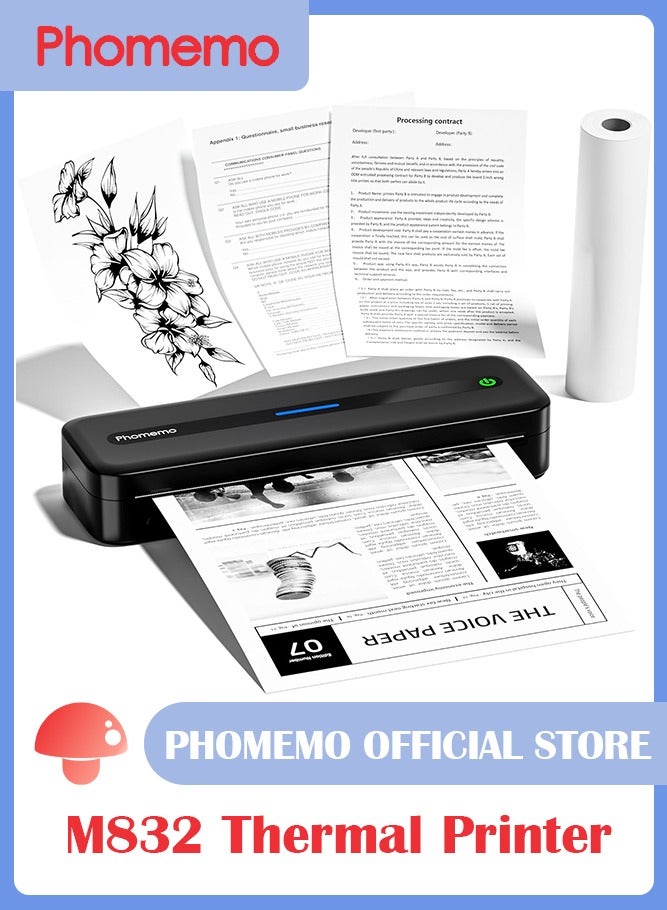 فوميمو طابعة حرارية محمولة M832 من فوميمو بلوتوث لاسلكية للسفر والمنزل والمكتب والأماكن الخارجية تدعم ورق حراري 5 سم و8 و10 وA4 متوافقة - اندرويد وiOS اسود 300 نقطة لكل بوصة - Image 1