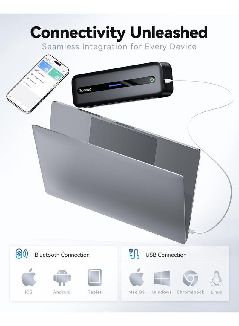 فوميمو طابعة حرارية محمولة M832 من فوميمو بلوتوث لاسلكية للسفر والمنزل والمكتب والأماكن الخارجية تدعم ورق حراري 5 سم و8 و10 وA4 متوافقة - اندرويد وiOS اسود 300 نقطة لكل بوصة - Image 3