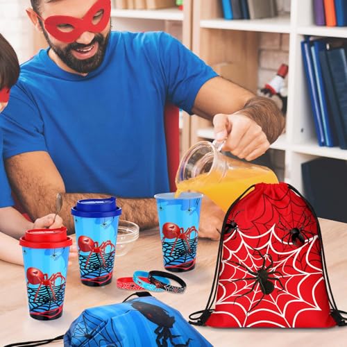 Potchen 72 Pcs Spider Party Favors Spiderweb Birthday Party Supplies Hero Decorations for Guests Including Drawstring Gift Bags Cups and Wristbands for Christmas Birthday Gift Favors - Image 5