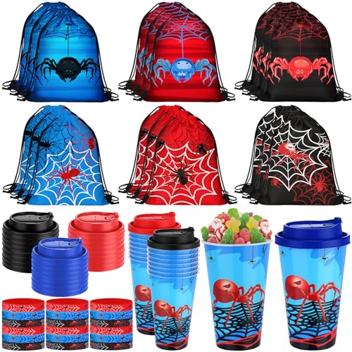 Potchen 72 Pcs Spider Party Favors Spiderweb Birthday Party Supplies Hero Decorations for Guests Including Drawstring Gift Bags Cups and Wristbands for Christmas Birthday Gift Favors - Image 1