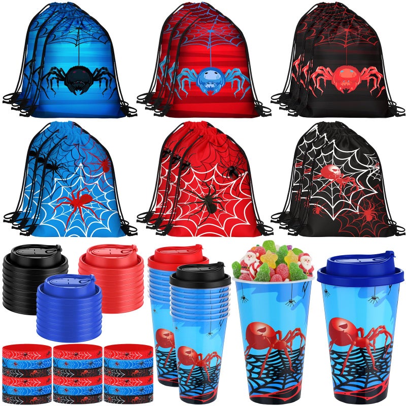Potchen 72 Pcs Spider Party Favors Spiderweb Birthday Party Supplies Hero Decorations for Guests Including Drawstring Gift Bags Cups and Wristbands for Christmas Birthday Gift Favors - Image 3