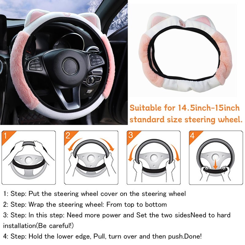Bittwee Car Steering Wheel Cover, Fluffy Soft Plush for Winter Warm, Cute Steering Wheel Protector with Kitty Cat Ears, Universal 15 Inch, Elastic & Anti-Slip, Lovely Decor Car Accessories (Pink) - Image 5