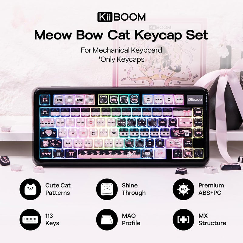 KiiBOOM Cute Cat Keycaps Set, Mao Profile, PBT/PC Keycap for MX Switches Mechanical Keyboard, Compatible with 60%, 65%, 75%, TKL, 96%, Full-Sized Layout (Meow Bow) - Image 2