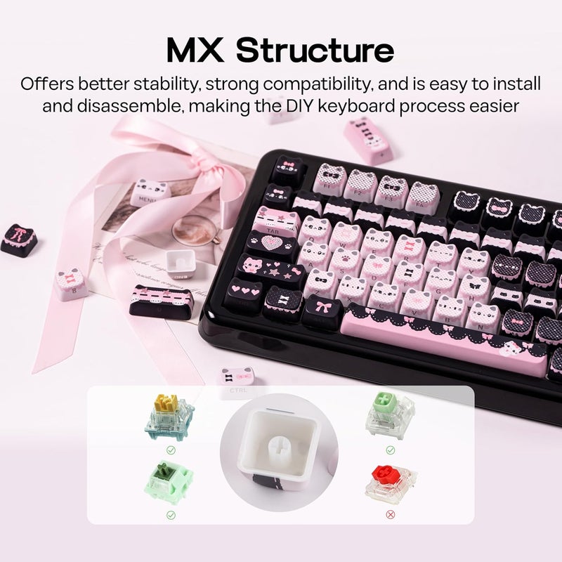 KiiBOOM Cute Cat Keycaps Set, Mao Profile, PBT/PC Keycap for MX Switches Mechanical Keyboard, Compatible with 60%, 65%, 75%, TKL, 96%, Full-Sized Layout (Meow Bow) - Image 4