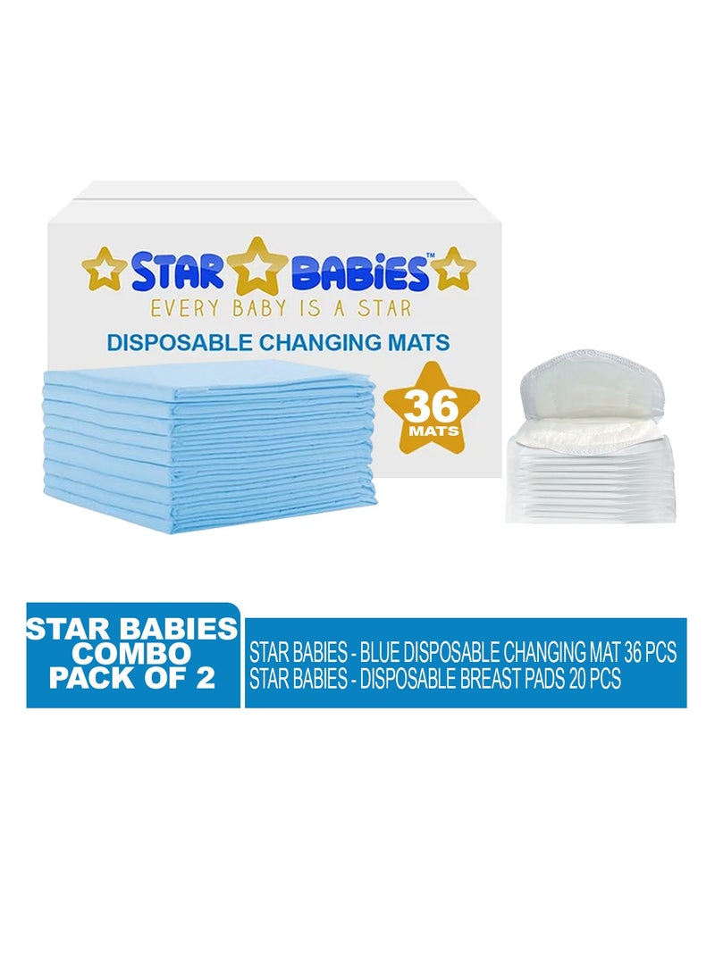 STAR BABiES Star Babies - Combo Pack of 2- Disposable Changing Mat Pack of 36 with Breast Pad (20 Pcs) - Blue  - Image 2
