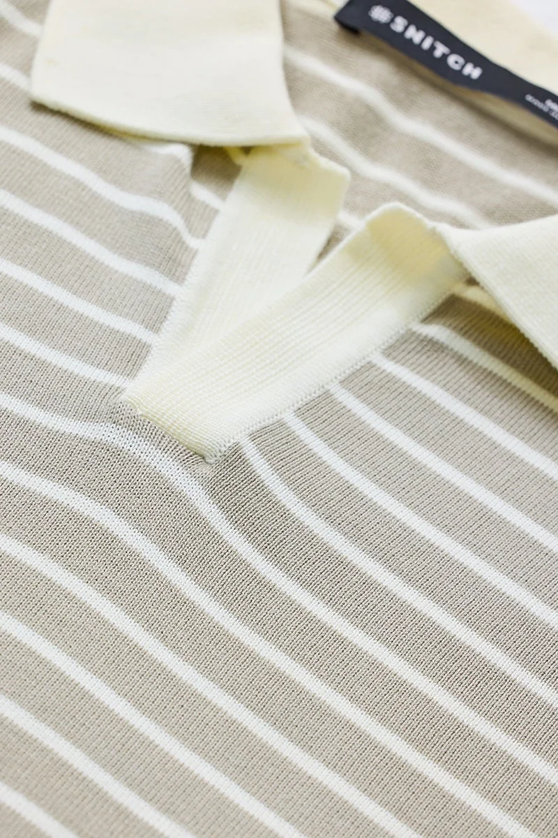 سنيتش Beige Striped Half Sleeve Regular Fit T-Shirt