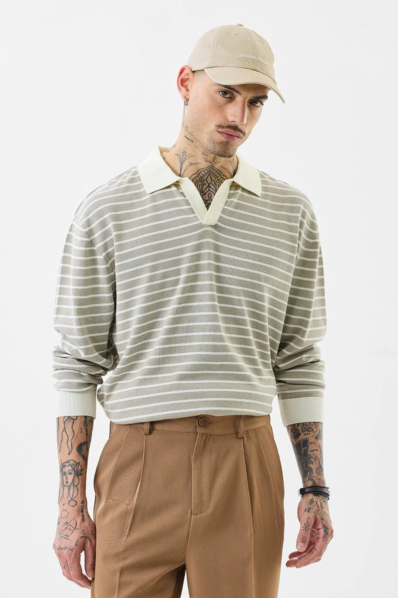 سنيتش Beige Striped Half Sleeve Regular Fit T-Shirt