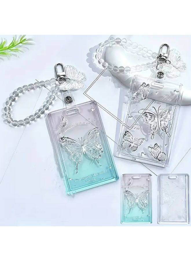 Four Butterflies Transparent Dustproof Slide Cover Card Holder Portable Photo Protector Display Sleeve With Keychain PS Material Light Blue White Butterfly Design - Image 1