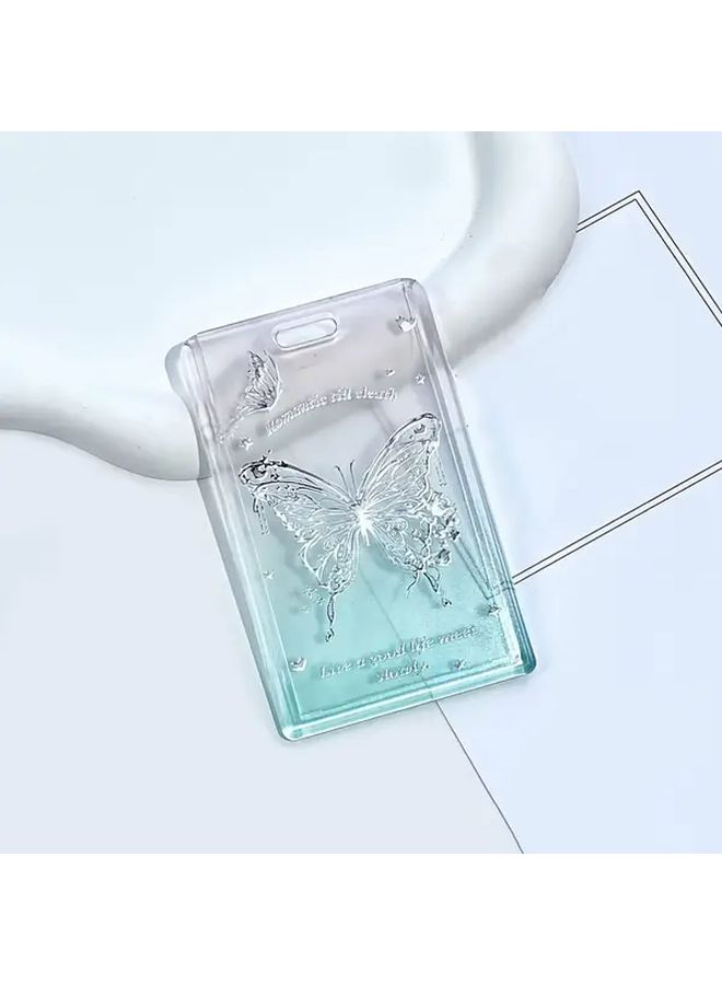 Four Butterflies Transparent Dustproof Slide Cover Card Holder Portable Photo Protector Display Sleeve With Keychain PS Material Light Blue White Butterfly Design - Image 5